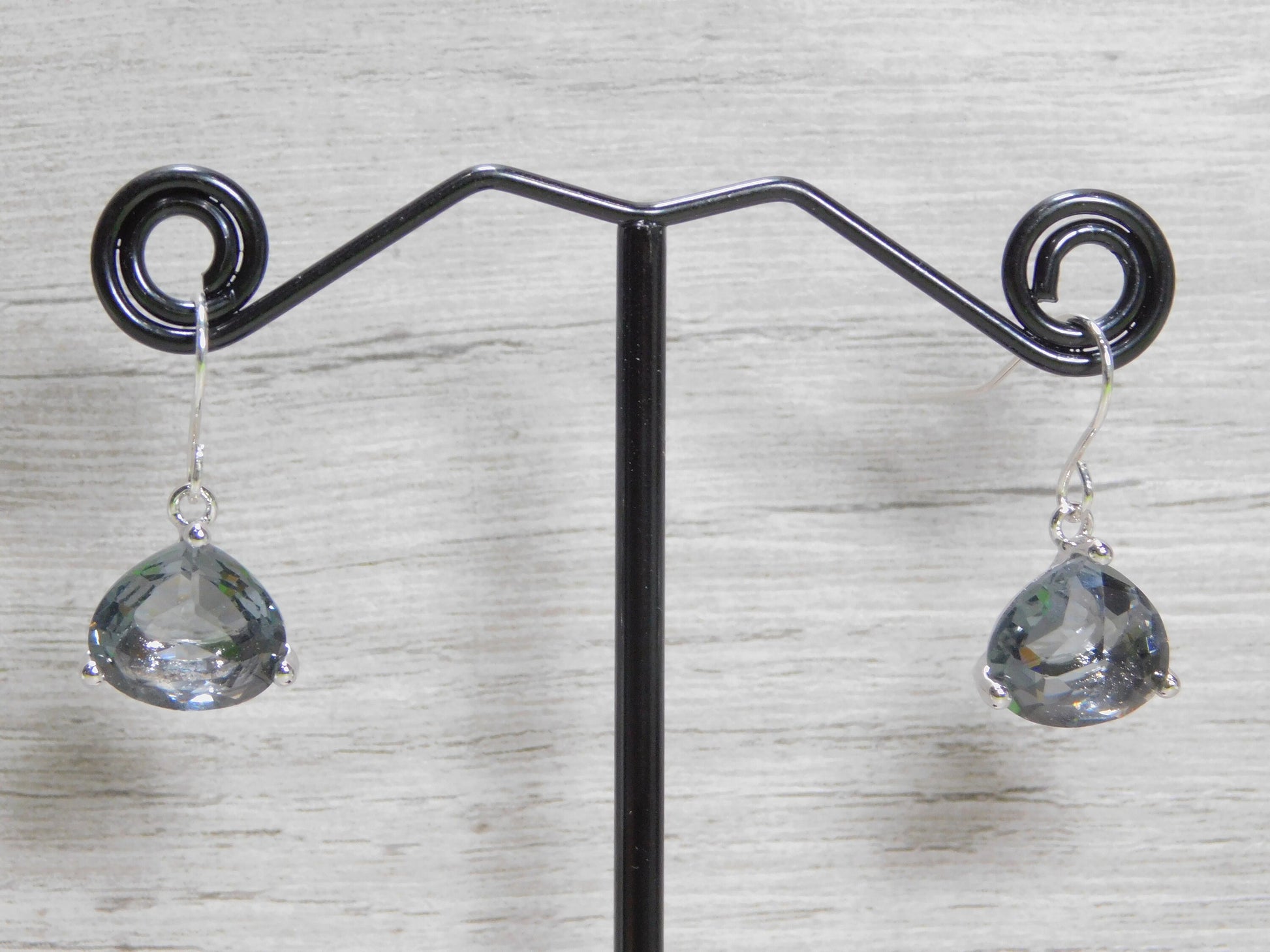 Charcoal Grey Triangle Dangle earrings. Silver Plated Iron Earring Hooks that are Lead Free and Nickel Free.