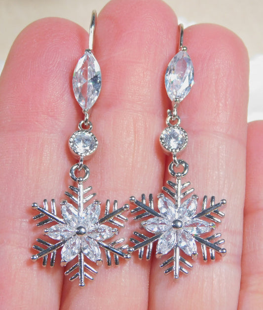 "Silver Snowflake Cubic Zirconia Earrings, Christmas Gift"