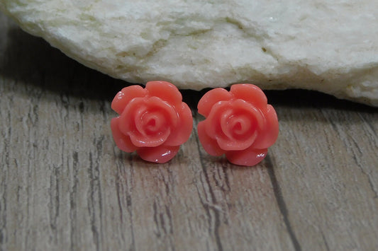 simple resin pink rose stud earrings