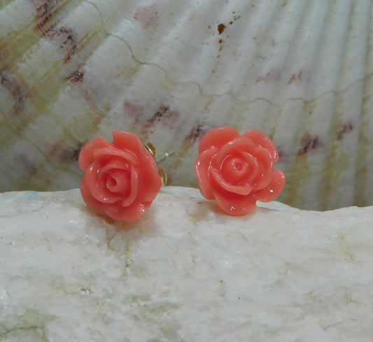 simple resin pink rose stud earrings