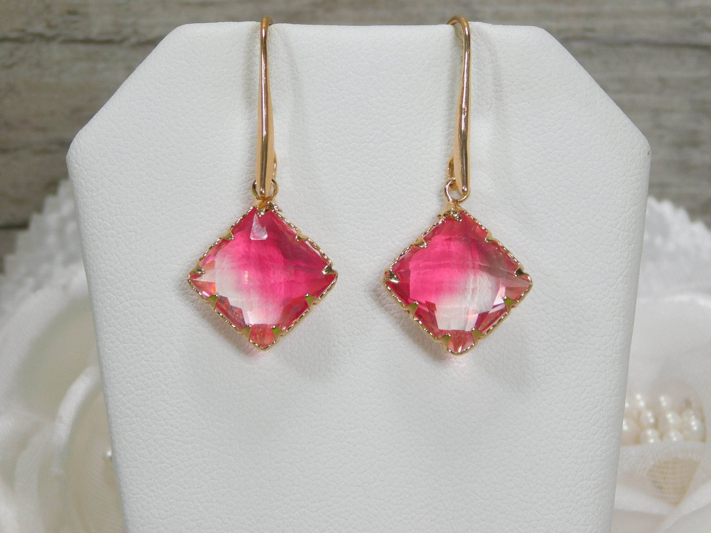 Pink and Clear Glass Diamond Earrings - Victoria's Treasure Chests