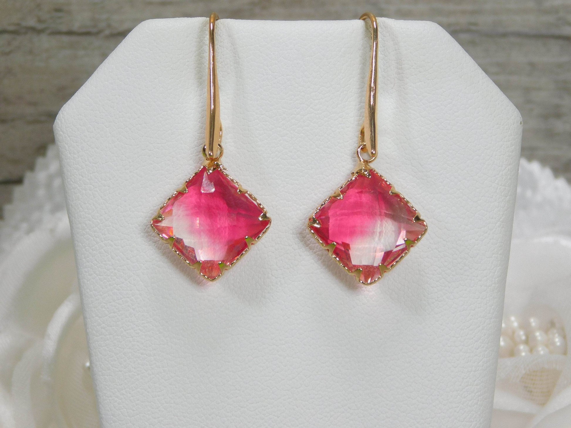 Pink and Clear Glass Diamond Earrings - Victoria's Treasure Chests