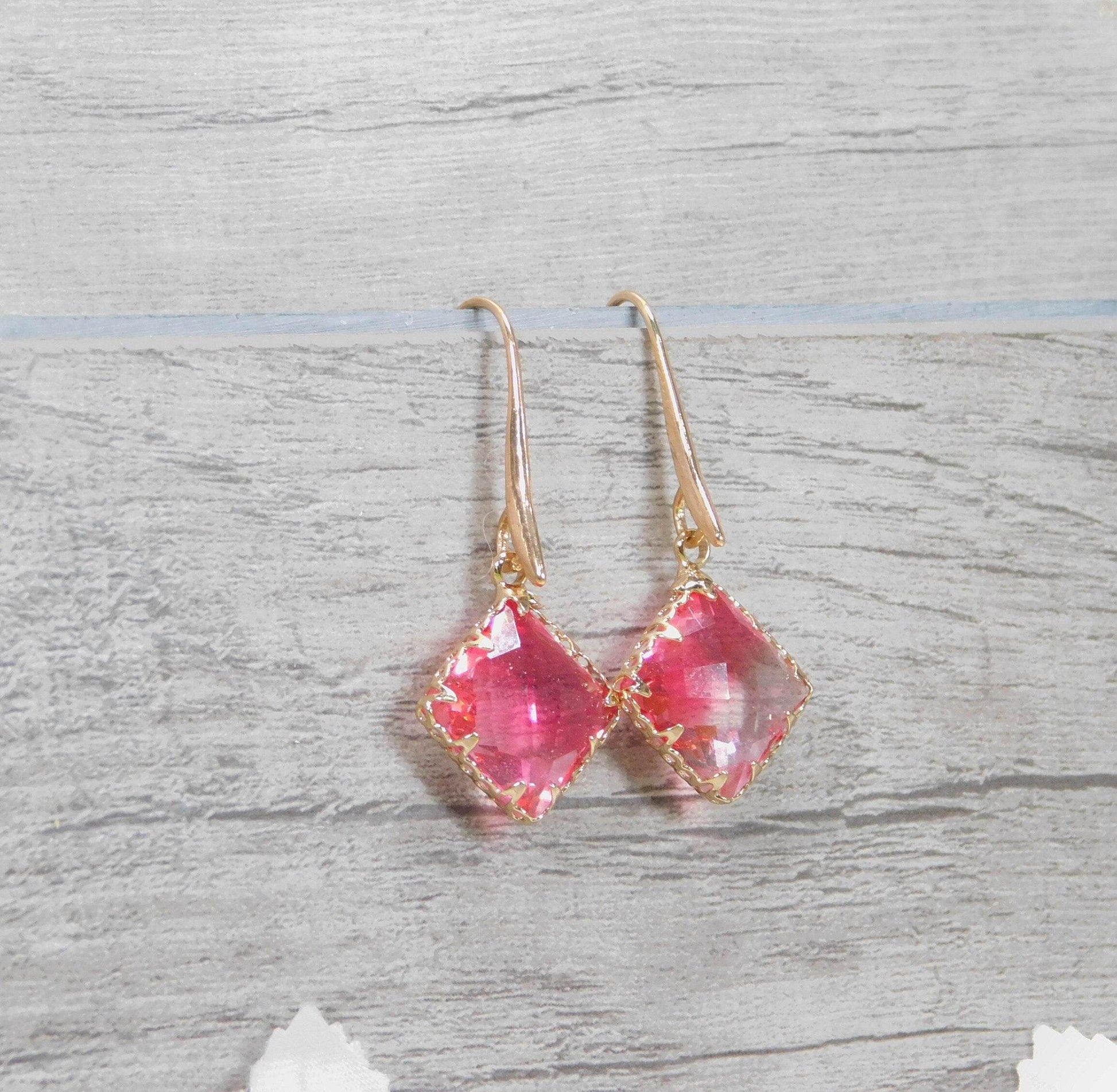 Pink and Clear Glass Diamond Earrings - Victoria's Treasure Chests