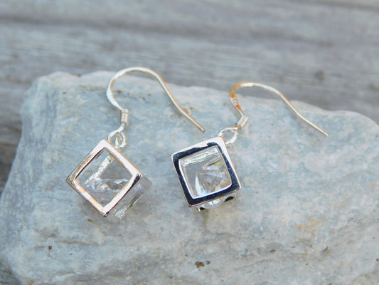 "Cubic Zirconia Dangle Earrings, Silver Geometric Jewelry"