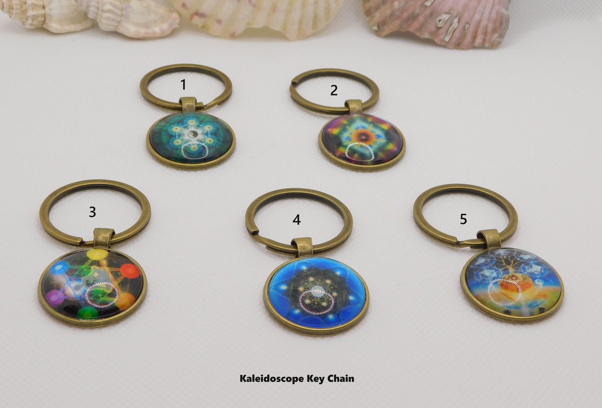 Kaleidoscope-designed keyrings in bright colors