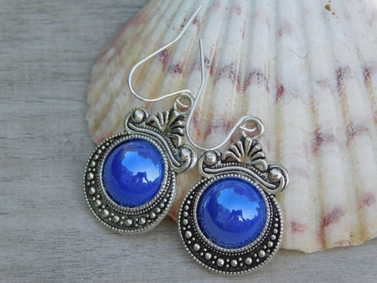 blue glass pearl dangle earrings