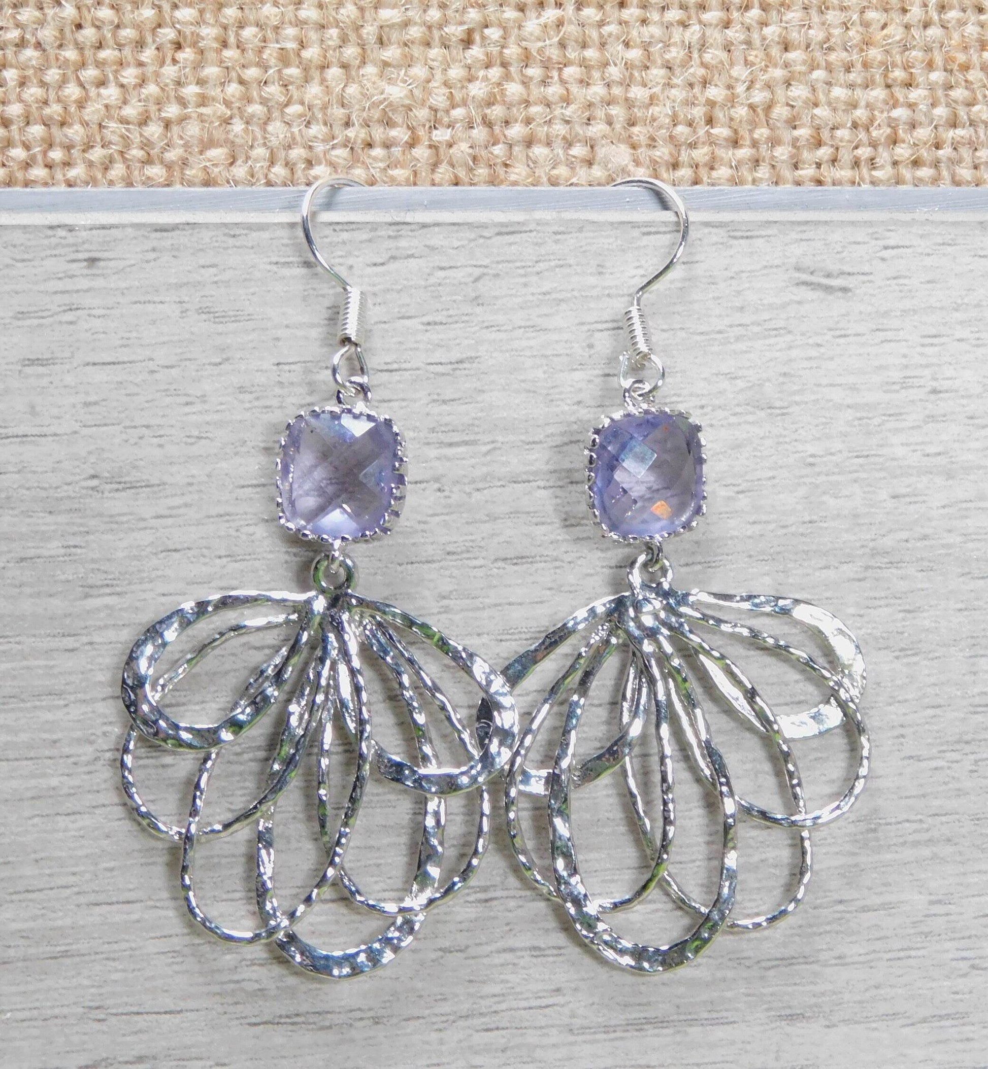 Rhodium peacock feather earrings with light purple Tanzanite 