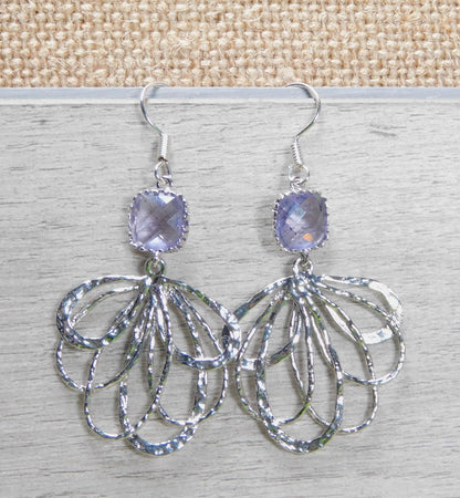 Rhodium peacock feather earrings with light purple Tanzanite 