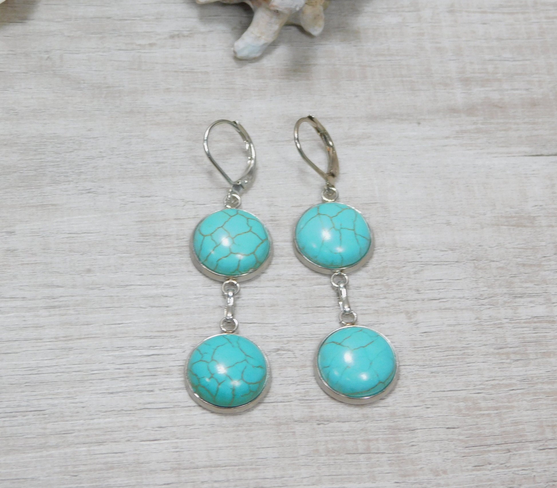 Faux Turquoise Dangle Earrings, Stainless Steel, Western Inspired