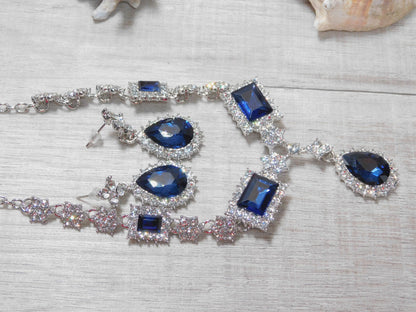 Sapphire Blue Necklace Set, Navy Blue Prom Set, Bridesmaid Rhinestone Jewelry, Wedding Jewelry, Statement Jewelry