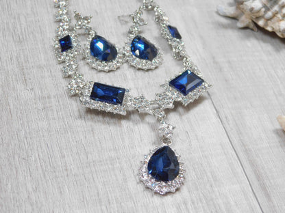 Sapphire Blue Necklace Set, Navy Blue Prom Set, Bridesmaid Rhinestone Jewelry, Wedding Jewelry, Statement Jewelry