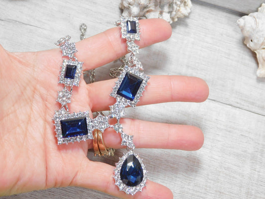 Sapphire Blue Necklace Set, Navy Blue Prom Set, Bridesmaid Rhinestone Jewelry, Wedding Jewelry, Statement Jewelry