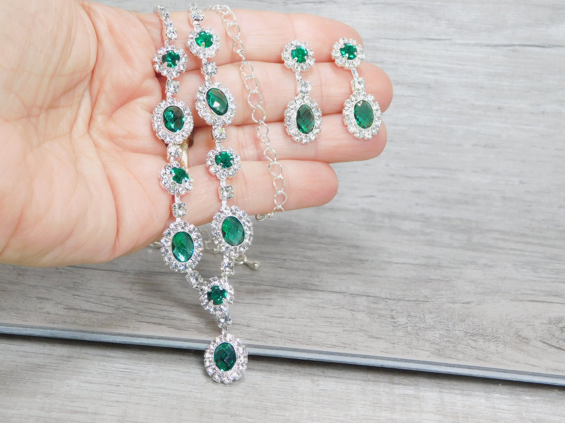 Emerald Green Rhinestone Necklace Set, Green Prom Set, Bridesmaid Rhinestone Jewelry, Wedding Jewelry, Statement Jewelry