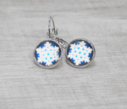 Holiday Snowflake Earrings, Christmas Themed Earrings, Lever Back Earrings, 12mm Round