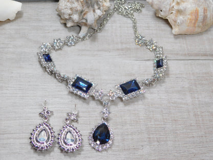 Sapphire Blue Necklace Set, Navy Blue Prom Set, Bridesmaid Rhinestone Jewelry, Wedding Jewelry, Statement Jewelry