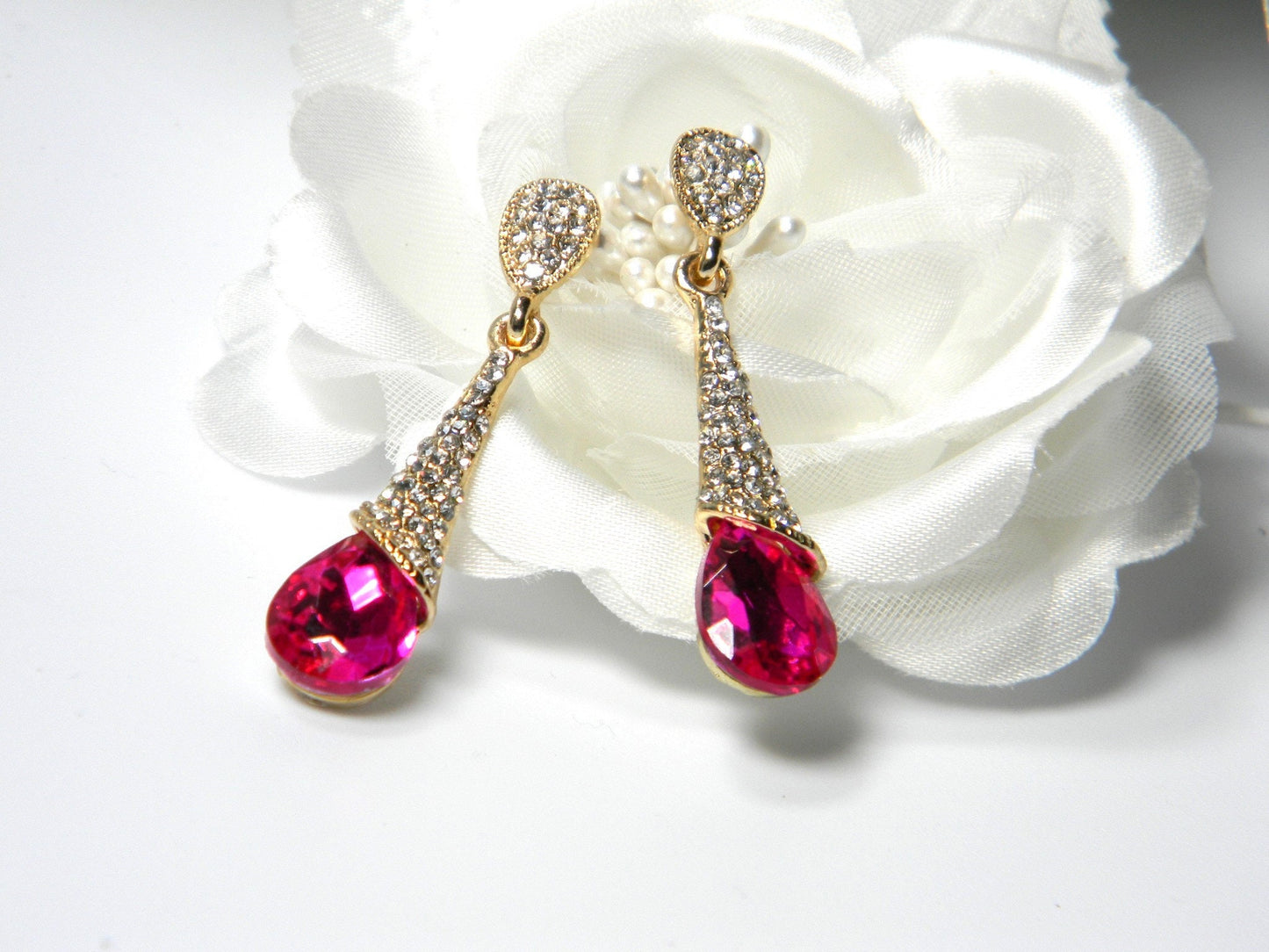 Pink Rhinestone Drop Dangle Earrings, Bridesmaid Gift, 18K Gold Fusca Wedding, Gold Bridesmaid Jewelry, Wedding Jewelry