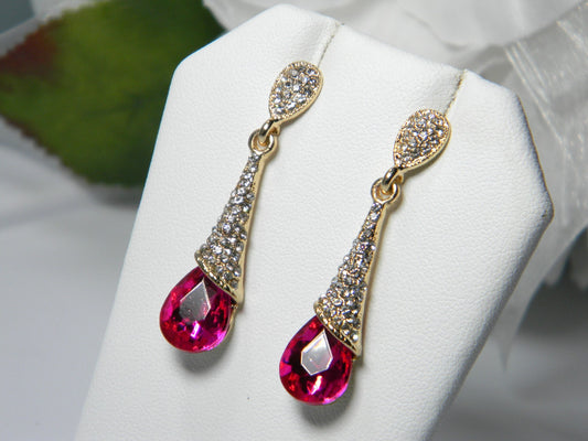 Pink Rhinestone Drop Dangle Earrings, Bridesmaid Gift, 18K Gold Fusca Wedding, Gold Bridesmaid Jewelry, Wedding Jewelry