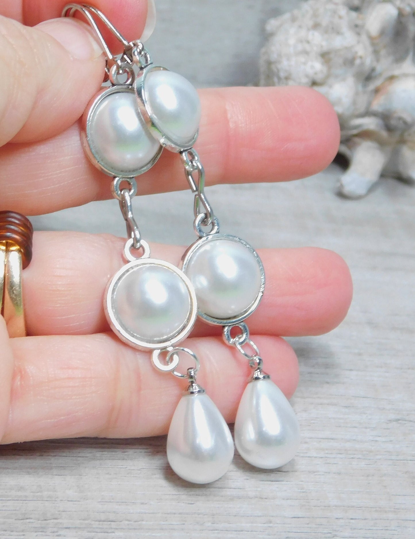 long faux white pearl light weight earrings