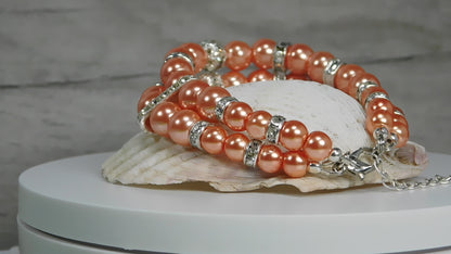 Double Strand Glass Pearl-Rhinestone Cuff Bracelet Coral