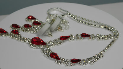 Red Glass Teardrop and Clear Rhinestone Necklace Set