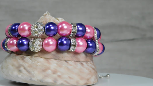 Double Strand Glass Pearl-Rhinestone Cuff Bracelet